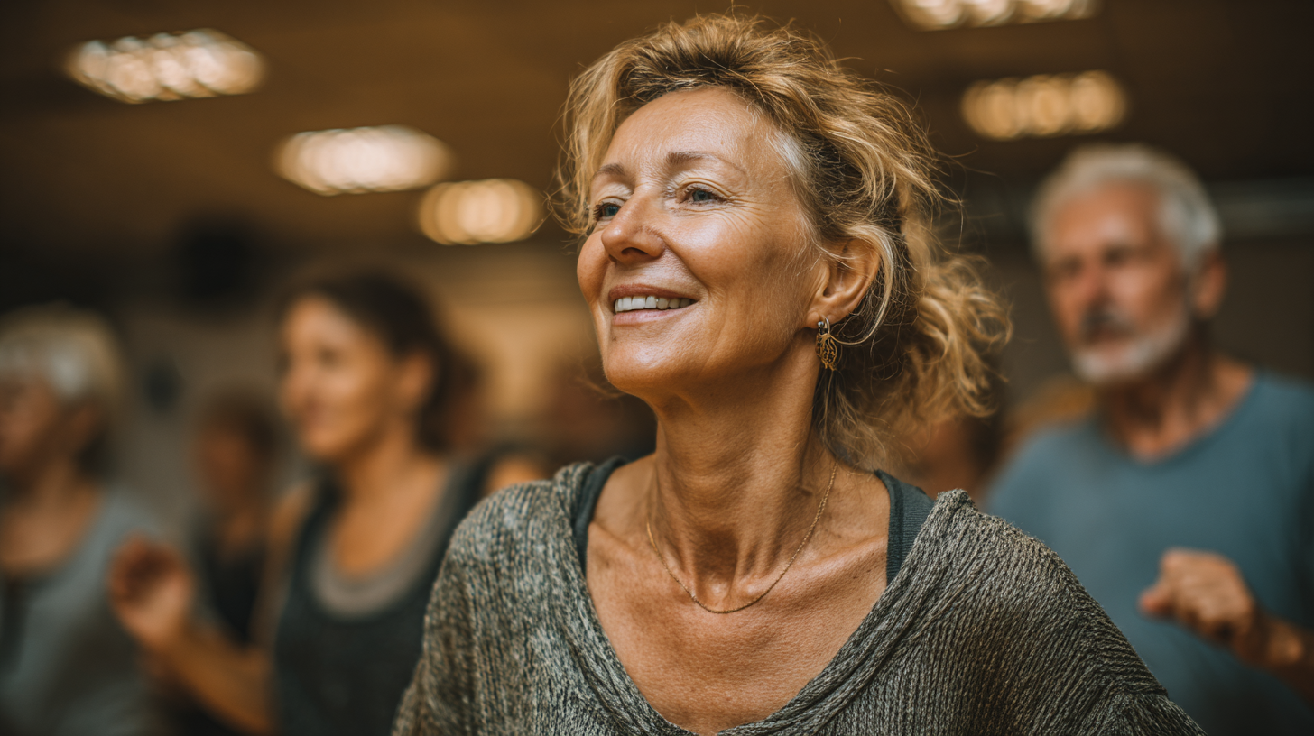 Grup de seniori participând la sesiune de dans terapeutic